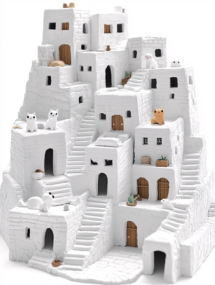 Miniature White Village with Cats
