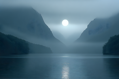 Misty Mountain Lake at Night