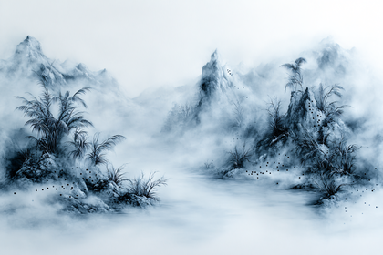 Misty Mountainscape with Tropical Flora