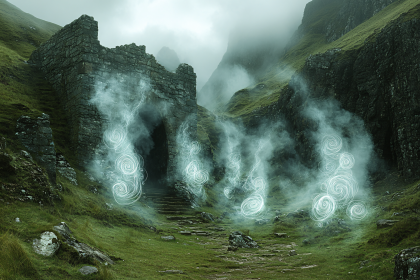 Misty Ruins with Glowing Spirals