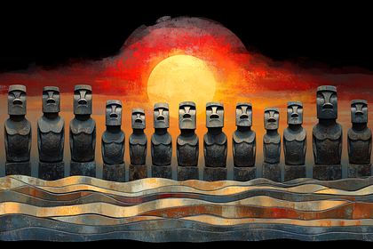 Moai Statues At Sunset