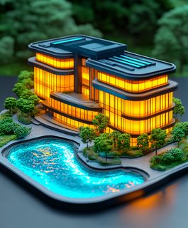 Modern Architectural Model with Illuminated Pool