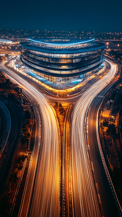 Modern Building and Traffic Trails at Night