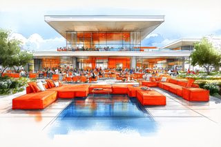 Modern Building Exterior With Orange Seating Area
