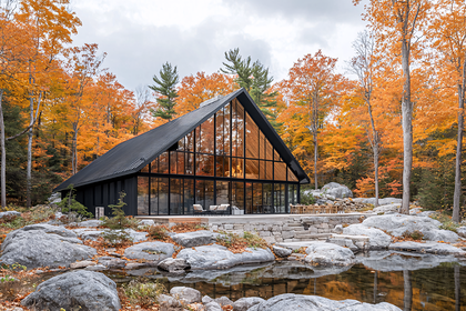 Modern Cabin in Autumn Forest
