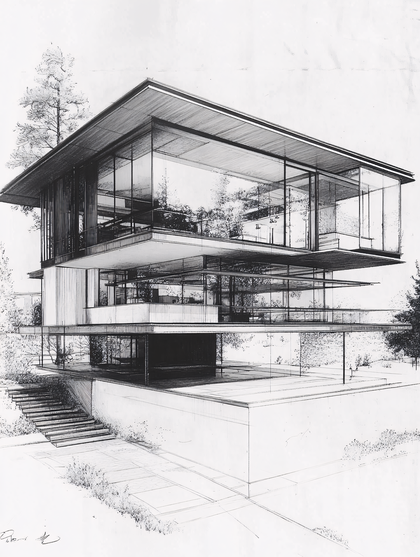 Modern Glass House Architectural Sketch