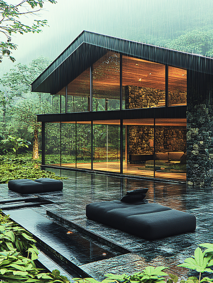 Modern Glass House in Rain