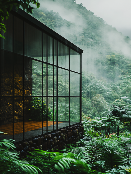 Modern Glass House in Rainforest Rain