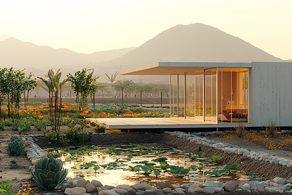Modern House by Pond at Sunset