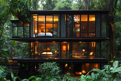 Modern House In Lush Forest At Night