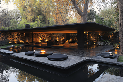 Modern House with Fire Pit at Dusk