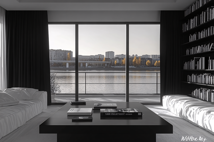 Modern Living Room Interior with City River View