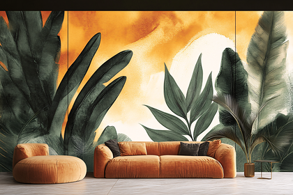 Modern Living Room with Botanical Mural
