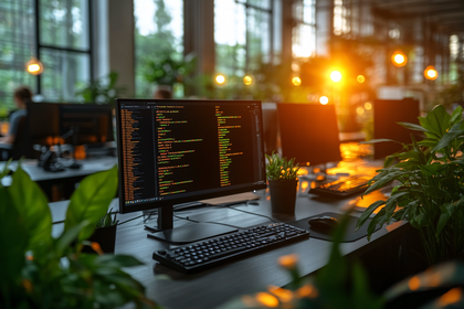 Modern Office Workspace With Coding On Screen