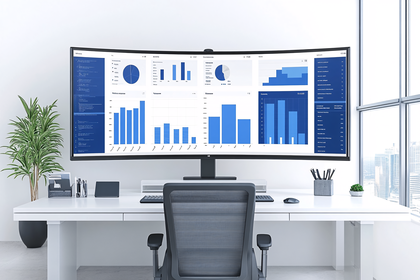 Modern Office Workspace With Large Curved Monitor Displaying Business Data