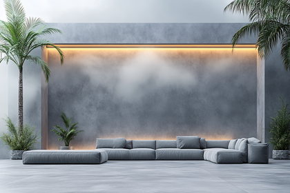 Modern Outdoor Lounge with Grey Sofa and Palm Trees