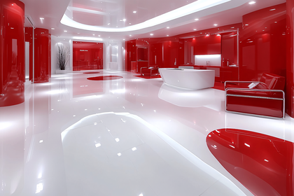 Modern Red And White Reception Area