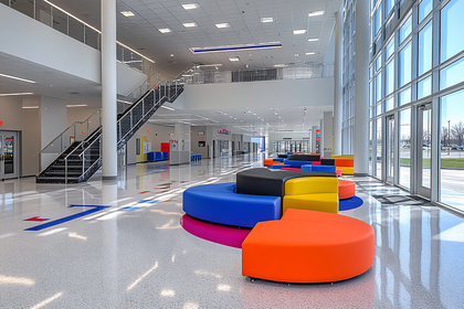 Modern School Atrium With Colorful Seating