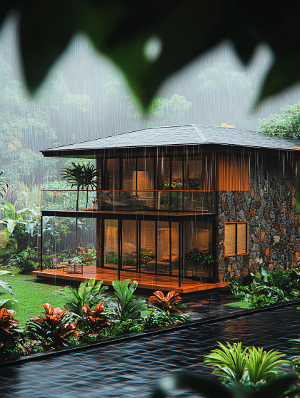 Modern Tropical House in Rainforest Rain