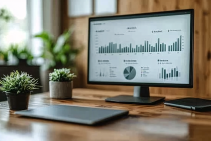 Modern Workplace With Financial Data On Computer Screen