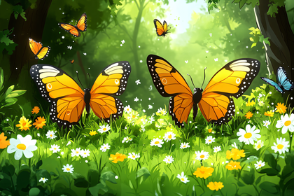 Monarch Butterflies In A Sunny Meadow