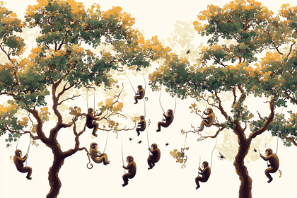 Monkeys On Ropes In Trees