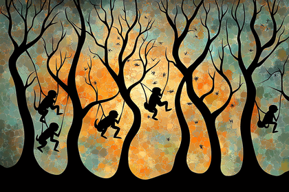 Monkeys Playing in Silhouette Forest