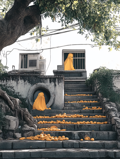Monks On Steps With Oranges