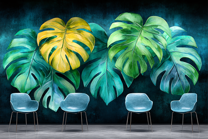 Monstera Leaves and Blue Chairs