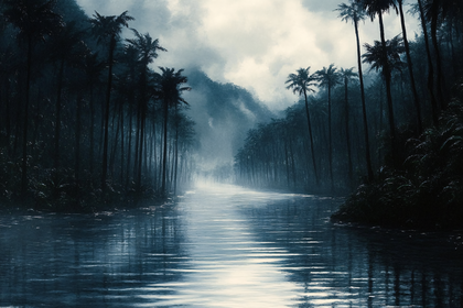 Moody River Through Palm Tree Forest