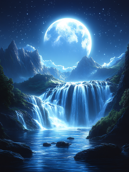 Moonlit Waterfall Landscape