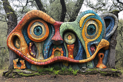 Mosaic Face Sculpture in Nature