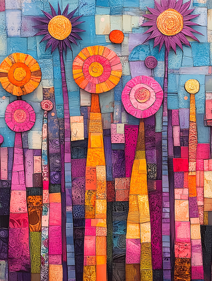 Mosaic Flowers in Abstract Landscape
