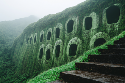 Moss Covered Ancient Ruins on Hillside