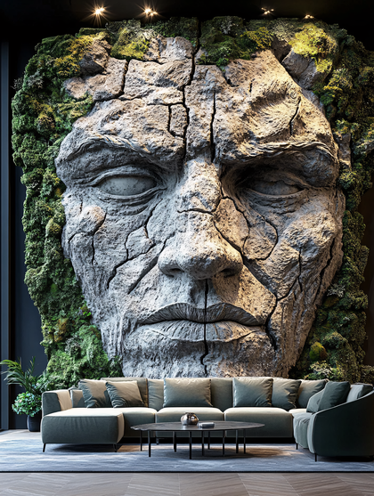 Moss Covered Stone Face Sculpture