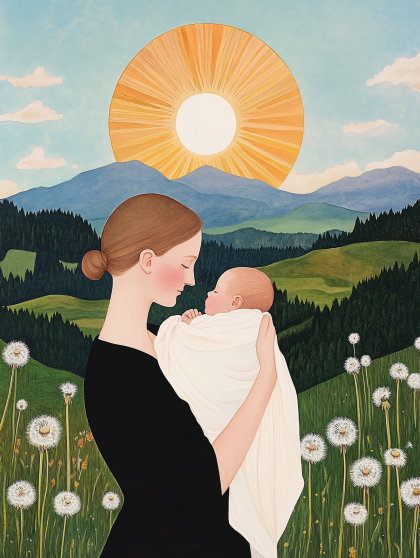 Mother And Baby In Dandelion Field