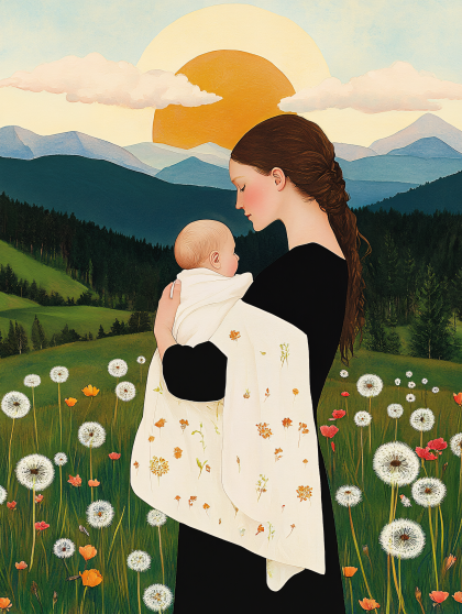Mother And Child In Dandelion Field