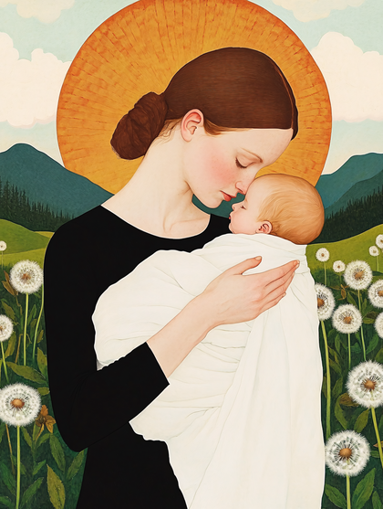 Mother And Child In Dandelion Field