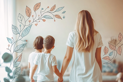 Mother and Children Holding Hands with Floral Wall Decor