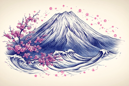 Mount Fuji and Cherry Blossoms with Waves