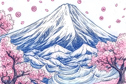 Mount Fuji Cherry Blossoms and Floating Icons