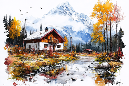 Mountain Cabin in Autumn Landscape