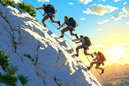 Mountain Climbers Ascending a Cliff