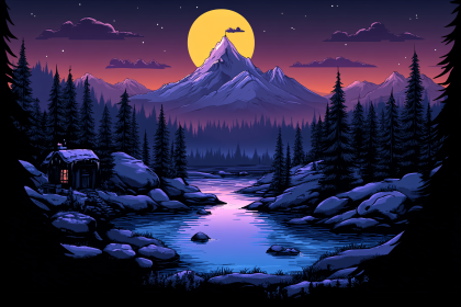 Mountain Lake Cabin Night