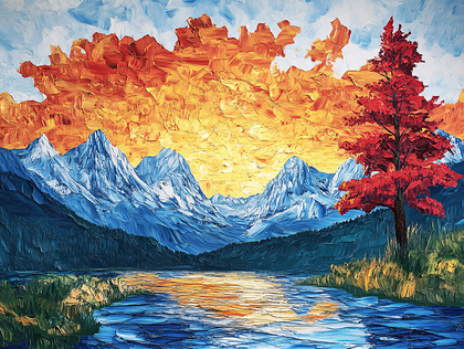 Mountain Lake Sunset Oil Painting