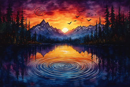 Mountain Lake Sunset Watercolor