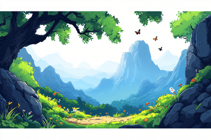 Mountain Landscape with Butterflies