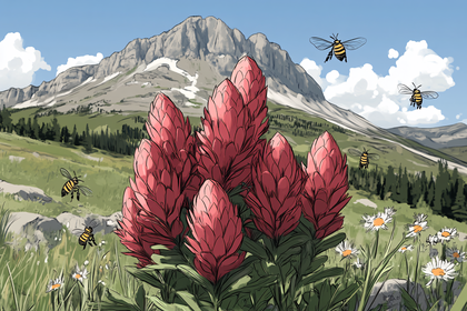 Mountain Landscape with Red Flowers and Bees