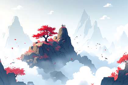 Mountain Landscape with Red Tree