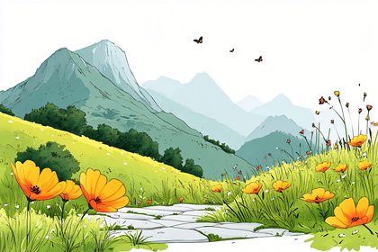 Mountain Meadow With Flowers And Butterflies